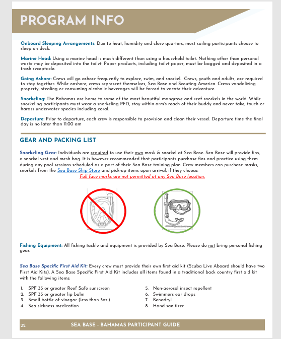 2026 Bahamas Adventures Sea Base Gear Info