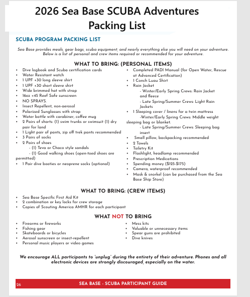 2026 SCUBA Adventures Sea Base Packing list