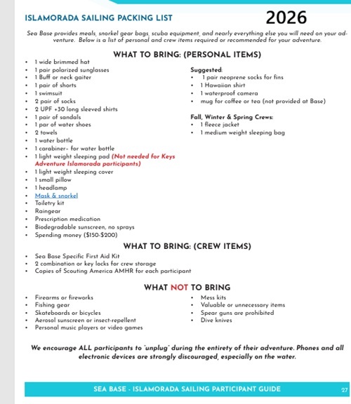 2026 Islamorada Sailing Adventure Sea Base Packing list