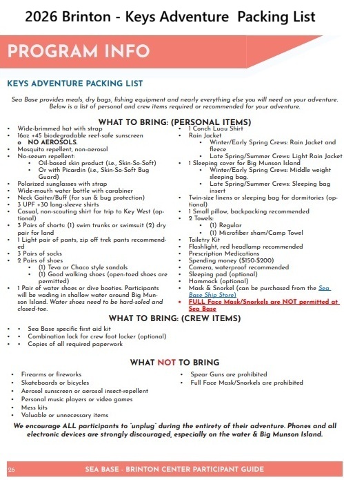 2026 Brinton Environmental Center Adventures Sea Base Packing list