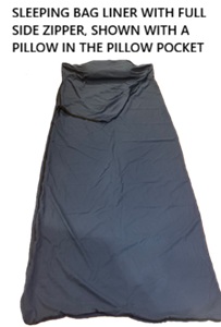 Sleeping bag liner, with zipper, shown with pillow in