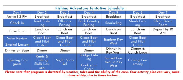Fishing Adventure Tentative Schedule