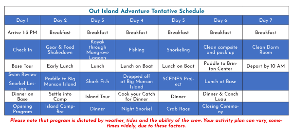 Out Island Adventure Tentative Schedule