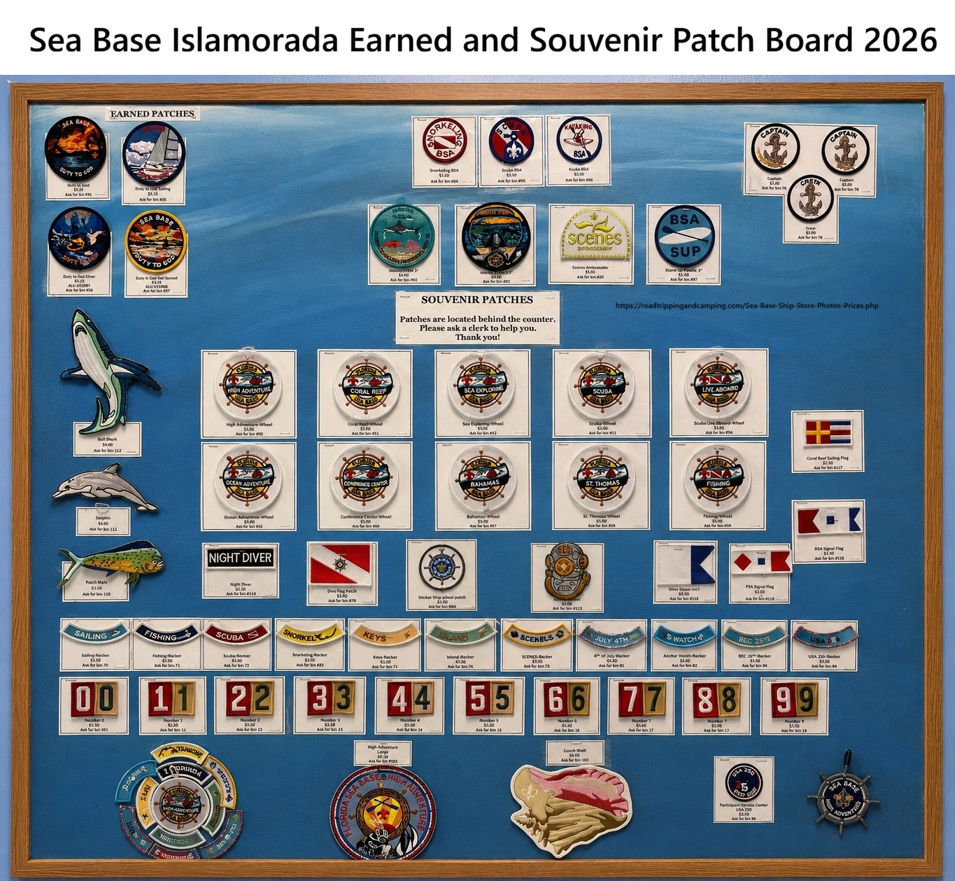 Islamorada Sea Base Ship Store Board of patches, awards, rockers,etc available in 2026.